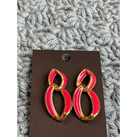 Jewelry - Chain Dangle Earrings Goldtone Dark Pink Enamel 1.5 inches